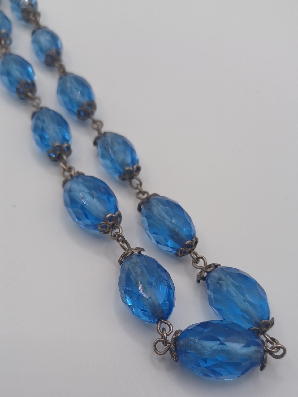 Blue Crystal Beaded Necklace With Floral Style Beadcaps Sterling Clasp - Picture 3 of 7